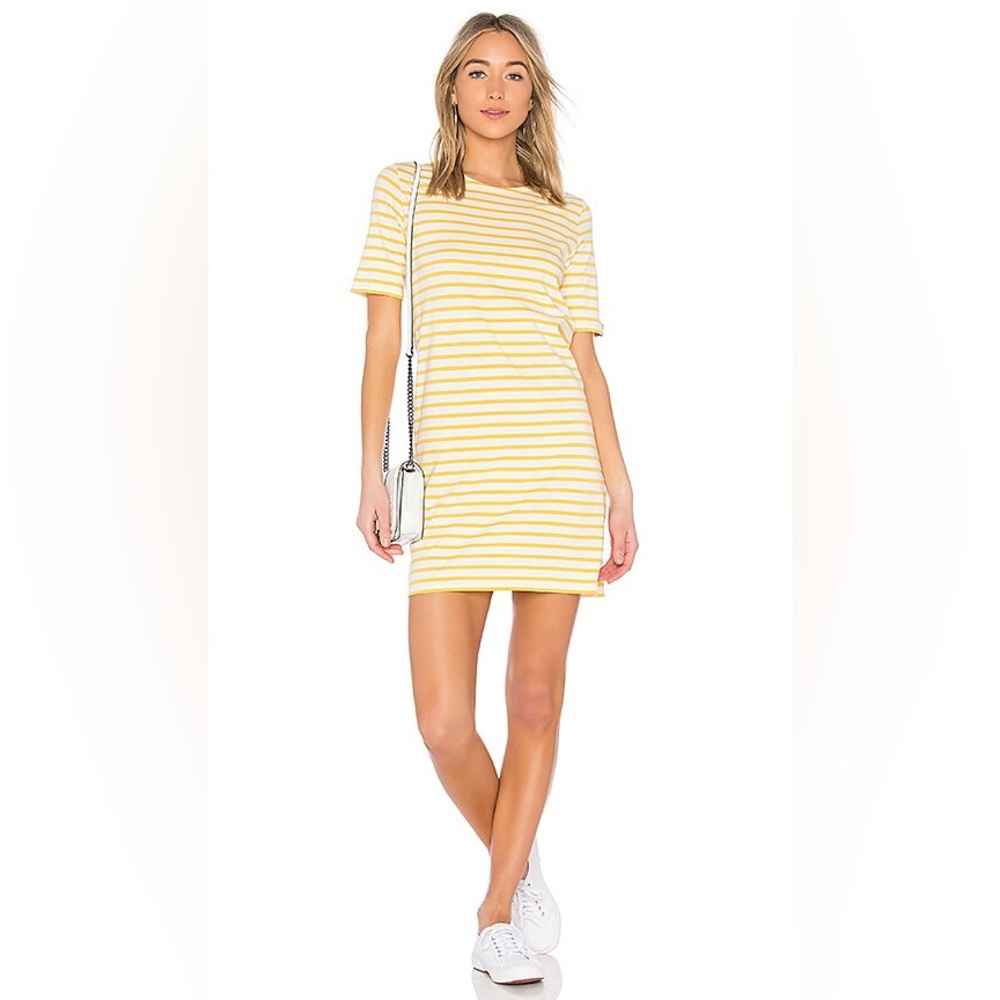 KULE S Yellow White Stripe Short Sleeve Tee Dress Designer Classic Preppy Casual